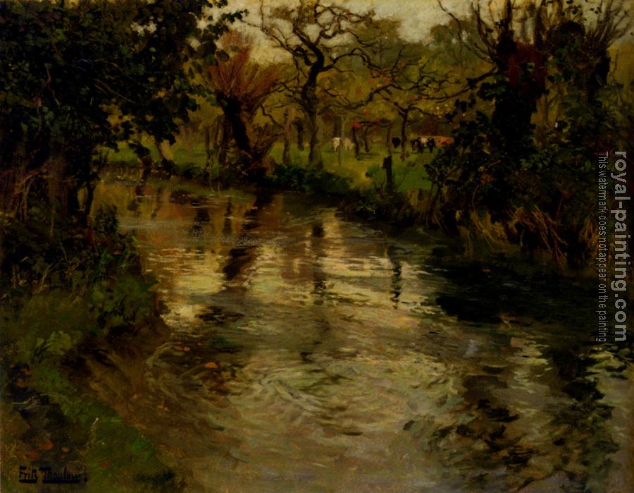 Frits Thaulow : Woodland Scene With A River